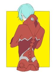 Rule 34 | 0 gella, 10s, 1boy, back, bad id, bad twitter id, bodysuit, cropped legs, crossed arms, darling in the franxx, from behind, male focus, nine beta, outside border, pilot suit, simple background, solo, yellow background