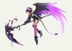 Rule 34 | 1girl, :d, absurdres, armor, ass, belt, black hair, chain, commentary, copyright request, cuffs, demon tail, dpin (user adhr8855), english commentary, fang, feathered wings, from behind, gauntlets, grey background, handcuffs, hat, high heels, highres, leaning forward, looking at viewer, looking back, multicolored hair, open mouth, orange eyes, pink hair, purple hair, scythe, short hair, simple background, single wing, smile, solo, tail, thigh strap, wings