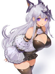 Rule 34 | 1girl, akizone, bare shoulders, black dress, black thighhighs, breasts, cleavage, cleavage cutout, clothing cutout, cowboy shot, detached sleeves, dress, headgear, highres, large breasts, leaning forward, long hair, long sleeves, looking at viewer, nail polish, original, parted lips, puffy sleeves, purple eyes, short dress, sidelocks, silver hair, simple background, solo, thighhighs, thighs, very long hair, white background, zettai ryouiki
