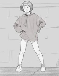 Rule 34 | 1girl, ankle socks, bob cut, brick wall, commentary, drawstring, english commentary, full body, greyscale, hands on own hips, highres, holding, hood, hood down, long hoodie, looking afar, monochrome, no pants, open mouth, original, shoes, short hair, side ponytail, smaragdus, smile, sneakers, socks, solo, spread legs, standing, upturned eyes