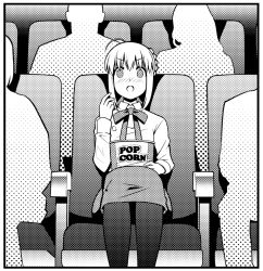 Rule 34 | 0 0, 1girl, 1koma, 4others, ahoge, armrest, artoria pendragon (all), artoria pendragon (fate), black border, blank eyes, blush, border, bucket, comic, commentary request, dropping, falling, fate/stay night, fate (series), food, greyscale, hair between eyes, hair bun, halftone, halftone texture, hand up, long sleeves, looking at viewer, monochrome, movie theater, multiple others, neck ribbon, open mouth, pantyhose, popcorn, ribbon, saber (fate), seat, silhouette, single hair bun, sitting, skirt, smile, solo focus, surprised, tsukumo (soar99)