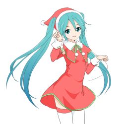 Rule 34 | 1girl, capelet, christmas, commentary, cowboy shot, detached sleeves, dress, fur-trimmed headwear, fur trim, hands up, hat, hatsune miku, lat model (mikumikudance), long hair, looking at viewer, open mouth, paw pose, red capelet, red dress, red hat, red sleeves, santa dress, santa hat, smile, solo, soukun s, standing, thighhighs, twintails, very long hair, vocaloid, white background, white thighhighs