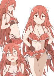 1girl bikini blush breasts clothes_lift cordelia_(fire_emblem) cordelia_(knight_paradise)_(fire_emblem) fingerless_gloves fire_emblem fire_emblem_awakening fire_emblem_heroes flat_chest frilled_bikini frills gloves kuhuku006f86 long_hair nintendo official_alternate_costume open_mouth red_bikini red_eyes red_hair skirt skirt_lift small_breasts surprised swimsuit wide-eyed wing_hair_ornament