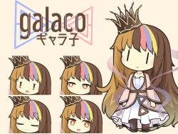 Rule 34 | 1girl, akihiyo, blonde hair, blue hair, brown hair, character name, chibi, closed eyes, closed mouth, confused, crown, dress, galaco, galaco (neo), light blush, long hair, looking at viewer, looking to the side, mob face, multicolored hair, open mouth, orange eyes, orange hair, pink hair, smile, solo, standing, streaked hair, tachi-e, variations, very long hair, vocaloid
