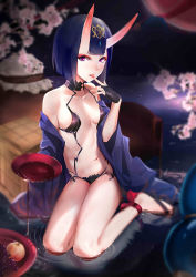 Rule 34 | 1girl, alcohol, bare shoulders, black footwear, blurry, blurry background, breasts, bridal gauntlets, collarbone, commentary request, cup, depth of field, fate/grand order, fate (series), flower, food, fruit, grapes, horns, japanese clothes, kimono, long sleeves, looking at viewer, medium breasts, off shoulder, oni, open clothes, open kimono, pink flower, purple eyes, purple hair, purple kimono, revealing clothes, sakazuki, sake, short hair, shuten douji (fate), shuten douji (first ascension) (fate), skin-covered horns, solo, thick eyebrows, tongue, wide sleeves, xiaoyu