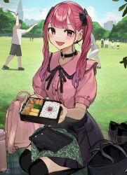 Rule 34 | 1boy, 4girls, :d, absurdres, backpack, badminton, bag, bento, black thighhighs, choker, day, earrings, fang, food, heart, heart choker, highres, hinamizawa hinami, holding, holding food, jewelry, jirai kei, karakusa (pattern), looking at viewer, multiple girls, open mouth, original, outdoors, park, picnic, pink eyes, pink hair, pov, puffy short sleeves, puffy sleeves, seiza, shoes, short sleeves, sitting, smile, solo focus, tetto (onnoveltet), thermos, thighhighs, twintails, unworn backpack, unworn bag, unworn shoes