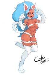 Rule 34 | 10s, 1girl, 2015, animal ears, big hair, blue eyes, blue hair, blush, breasts, cat ears, cat tail, claws, colo (nagrolaz), curvy, dark-skinned female, dark skin, fang, felicia (vampire), full body, fur, highres, long hair, looking at viewer, matching hair/eyes, monster girl, navel, open mouth, paw pose, simple background, slit pupils, smile, solo, tail, thick thighs, thighs, vampire (game), wide hips