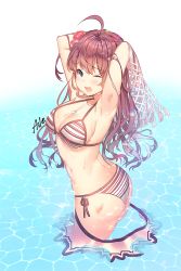 Rule 34 | 1girl, ;d, ahoge, aile (crossroads), armpits, arms up, ass, bikini, bikini skirt, blue eyes, blush, breasts, brown hair, cleavage, clothes pull, day, flower, hair flower, hair ornament, halterneck, hibiscus, ichinose shiki, idolmaster, idolmaster cinderella girls, jewelry, large breasts, long hair, looking at viewer, necklace, ocean, one eye closed, open mouth, outdoors, red flower, side-tie bikini bottom, skirt, skirt pull, smile, solo, string bikini, striped bikini, striped clothes, swimsuit, wading, water, wavy hair