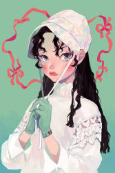 1girl black_hair blue_eyes blush broderie_anglaise collar cutwork frilled_collar frills gloves green_background green_gloves holding holding_hands holding_strap lips long_hair long_sleeves looking_at_viewer non-web_source nose_blush red_ribbon ribbon rocoa shirt simple_background upper_body wavy_hair white_shirt