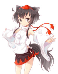 Rule 34 | 1girl, animal ears, armpits, bare shoulders, black eyes, black hair, contrapposto, cosplay, detached sleeves, female focus, hat, highres, hip vent, inubashiri momiji, inubashiri momiji (cosplay), kantai collection, miniskirt, pom pom (clothes), renren (ah renren), shinobu shinobu, shirt, short hair, short hair with long locks, sidelocks, simple background, skirt, sleeveless, sleeveless shirt, solo, standing, tail, tied skirt, tokin hat, tokitsukaze (kancolle), touhou, white background, white shirt, wide sleeves, wolf ears, wolf tail