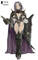Rule 34 | 1girl, armor, boots, breasts, breasts apart, cape, character name, closed mouth, ebimomo, full body, gauntlets, head tilt, highres, holding, holding shield, holding sword, holding weapon, leotard, looking at viewer, medium breasts, armored boots, pauldrons, purple cape, purple eyes, purple hair, shield, shoulder armor, shoulder spikes, simple background, solo, spikes, standing, stones of dragon, sword, thigh boots, thighhighs, weapon, white background