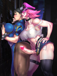 Rule 34 | 1boy, 1girl, against wall, alley, breasts, capcom, chinese clothes, choker, chun-li, earrings, erection, from behind, futa with female, futanari, hand on own hip, highres, jewelry, kisuu, large breasts, large penis, lipstick, makeup, multiple girls, nail polish, naughty face, pantyhose, penis, pink hair, poison (final fight), precum, street fighter, street fighter v, tagme, thigh strap, tongue, tongue out