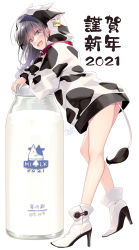 Rule 34 | 1girl, 2021, animal ears, animal hood, animal print, ass, black hair, blue eyes, boots, bottle, chinese zodiac, collar, commentary request, cow ears, cow hood, cow horns, cow print, cow tail, ear tag, fake animal ears, fake horns, full body, hair between eyes, high heel boots, high heels, highres, hood, hood up, hoodie, horns, leaning forward, long hair, long sleeves, milk, milk bottle, motomiya mitsuki, original, oversized object, paid reward available, print hoodie, puffy long sleeves, puffy sleeves, red collar, signature, simple background, sleeves past wrists, solo, standing, tail, translation request, white background, white footwear, white hoodie, year of the ox