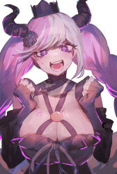 Rule 34 | 1girl, :d, ?, absurdres, black crown (game), black horns, breasts, clenched hands, closed mouth, collarbone, crown, flower, hair flower, hair ornament, hands up, highres, horns, large breasts, master detective archives: rain code, open mouth, pink hair, purple eyes, shinigami (rain code), shiny skin, smile, solo, su 7 meri, sweat, teeth, white background