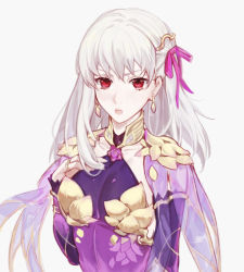 Rule 34 | 1girl, collar, csyday, detached sleeves, earrings, fate/grand order, fate (series), hair ribbon, jewelry, kama (fate), kama (second ascension) (fate), long hair, looking at viewer, metal collar, purple sleeves, red eyes, ribbon, solo, white hair