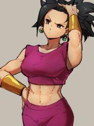 Rule 34 | 1girl, abs, black hair, breasts, brown eyes, dragon ball, dragon ball super, earrings, grey background, hand on own hip, hand on own head, hand up, jewelry, kefla (dragon ball), kemachiku, large breasts, midriff, navel, potara earrings, short hair, simple background, solo