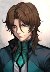 Rule 34 | 1boy, blue eyes, brown hair, closed mouth, gundam, gundam 00, hungry clicker, jacket, lockon stratos, long hair, male focus, parted bangs, solo, upper body, white background