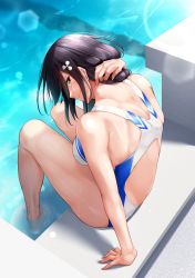Rule 34 | 1girl, absurdres, azur lane, black hair, brown eyes, choukai (azur lane), commentary request, competition swimsuit, from behind, hair flaps, highres, long hair, looking at viewer, one-piece swimsuit, oriue wato, poolside, soaking feet, solo, starting block, swept bangs, swimsuit, water, white one-piece swimsuit