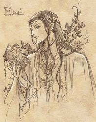 Rule 34 | 1boy, book, branch, character name, circlet, dated, elrond, graphite (medium), holding, holding book, kazuki-mendou, tolkien&#039;s legendarium, long hair, male focus, one-hour drawing challenge, open book, parted lips, pointy ears, reading, robe, signature, solo, the lord of the rings, traditional media
