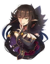 Rule 34 | 1girl, black dress, black gloves, black hair, breasts, bridal gauntlets, cleavage, cocorosso, dress, elbow gloves, fate/apocrypha, fate/grand order, fate (series), fingers to mouth, fur trim, gloves, large breasts, long hair, pointy ears, semiramis (fate), solo, upper body, yellow eyes