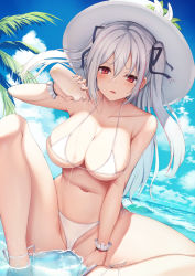 Rule 34 | 1girl, bikini, blue sky, bottle, breasts, cleavage, cloud, collarbone, commentary request, day, flower, hair between eyes, hair ribbon, hat, hat flower, highres, holding, holding bottle, horizon, indian style, large breasts, liya, long hair, navel, ocean, open mouth, original, outdoors, palm tree, partially submerged, pouring, pouring onto self, red eyes, ribbon, side-tie bikini bottom, sitting, sky, smile, solo, summer, sun hat, swimsuit, thighs, tree, twintails, underboob, white bikini, white hair, white hat