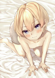 Rule 34 | 1boy, :3, all fours, barefoot, bishounen, blonde hair, blue eyes, blush, highres, looking at viewer, male focus, naughty face, nipples, on bed, original, solo, takanoberii, underwear