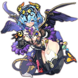Rule 34 | 10s, 1girl, black wings, blue eyes, blush, breasts, candy, candy cane, demon girl, demon horns, demon tail, demon wings, earrings, feathered wings, fingerless gloves, food, full body, garter straps, gloves, headdress, horns, jewelry, large breasts, last period, legs folded, multiple wings, nail polish, official art, open mouth, picnic basket, pointy ears, simple background, solo, tail, thighhighs, white background, wings