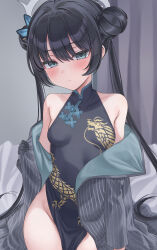 1girl absurdres black_dress black_gloves black_hair blue_archive blush braid braided_bun breasts butterfly_hair_ornament china_dress chinese_clothes coat double_bun dragon_print dress gloves grey_coat grey_eyes grey_halo hair_bun hair_ornament halo hazumi071005 highres jacket kisaki_(blue_archive) long_hair looking_at_viewer pelvic_curtain pinstripe_jacket pinstripe_pattern print_dress sleeveless sleeveless_dress small_breasts solo striped_clothes striped_coat striped_jacket twintails vertical-striped_coat