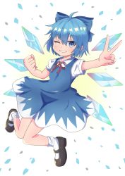 Rule 34 | 1girl, absurdres, blue bow, blue dress, blue eyes, blue hair, bobby socks, bow, brown footwear, cirno, cirno day, collared shirt, commentary, cowlick, dress, eyes visible through hair, full body, hair between eyes, hair bow, high meron, highres, ice, ice wings, knees together feet apart, looking at viewer, mary janes, neck ribbon, one eye closed, pinafore dress, red ribbon, ribbon, shirt, shoes, short sleeves, sleeveless dress, smile, socks, solo, touhou, v, white shirt, wings