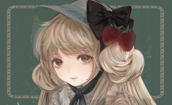 Rule 34 | 1girl, black bow, blonde hair, blue eyes, blue hat, bow, closed mouth, food-themed hair ornament, framed, grey background, hair ornament, hat, hat bow, komorihikki, lolita fashion, long hair, looking at viewer, original, portrait, solo, strawberry hair ornament