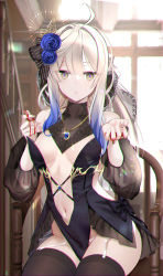 Rule 34 | 1girl, absurdres, ahoge, bare shoulders, black dress, black thighhighs, blonde hair, blood, breasts, center opening, chair, chromatic aberration, copyright request, detached collar, detached sleeves, dress, flower, garter straps, glint, gradient hair, hair flower, hair ornament, hands up, has bad revision, has downscaled revision, highres, jewelry, long hair, looking at viewer, md5 mismatch, muka tsuku, multicolored hair, navel, necklace, no bra, panties, parted lips, resolution mismatch, revealing clothes, rose, sitting, small breasts, solo, source smaller, strapless, strapless dress, thighhighs, underwear, white panties, yellow eyes