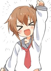 Rule 34 | &gt; &lt;, 10s, 1girl, :d, anchor symbol, arm up, blush, brown hair, clenched hand, collarbone, closed eyes, folded ponytail, hibimegane, inazuma (kancolle), kantai collection, neckerchief, open mouth, school uniform, serafuku, sleeves past wrists, smile, solo, white background, xd