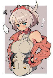 Rule 34 | ..., 1girl, black gloves, blush, bracelet, breasts, closed mouth, collar, collarbone, covered navel, elphelt valentine, fingerless gloves, gloves, green eyes, grey hair, guilty gear, guilty gear strive, hairband, highres, itsuka neru, jacket, jewelry, large breasts, pink jacket, short hair, solo, speech bubble, spiked bracelet, spiked collar, spiked hairband, spikes, spoken ellipsis, translation request, upper body
