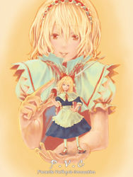 Rule 34 | 1girl, alice margatroid, apron, blonde hair, bow, capelet, chiki (botugo), female focus, hair bow, hairband, hand on own hip, holding, hourai doll, lance, looking at viewer, mini person, minigirl, polearm, ribbon, short hair, smile, solo, standing, touhou, upper body, weapon