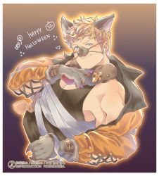 Rule 34 | 1boy, animal costume, animal ears, animal nose, bandages, bara, black tank top, blonde hair, blush, closed mouth, clothing cutout, cross-laced clothes, cross-laced cutout, fur collar, granblue fantasy, green eyes, halloween, halloween costume, highres, jacket, large pectorals, looking at viewer, male focus, muscular, muscular male, official alternate costume, orange jacket, osu (osumankokuou), pectoral cleavage, pectorals, short hair, smile, solo, tank top, upper body, vane (granblue fantasy), watermark, wolf boy, wolf costume, wolf ears, wolf paws