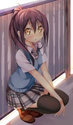 Rule 34 | 1girl, against fence, ahoge, bad id, bad pixiv id, black thighhighs, blush, brown footwear, brown hair, collared shirt, fence, full body, hair between eyes, highres, kantoku (style), kawai (purplrpouni), loafers, long hair, looking at viewer, necktie, nose blush, original, parted lips, plaid, plaid necktie, plaid neckwear, plaid skirt, pleated skirt, ponytail, school uniform, shirt, shoes, short sleeves, skirt, solo, squatting, sweater vest, thighhighs, vest, white shirt, yellow eyes, zettai ryouiki