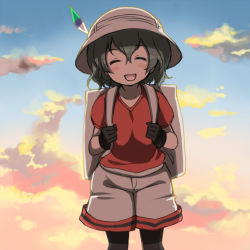 Rule 34 | 10s, 1girl, :d, ^ ^, backpack, bag, black gloves, black hair, black pantyhose, blue sky, blush stickers, bucket hat, closed eyes, cloud, cloudy sky, collarbone, commentary, evening, facing viewer, gloves, gradient sky, hair between eyes, hat, hat feather, kaban (kemono friends), kawanobe, kemono friends, multicolored sky, no nose, open mouth, orange sky, outdoors, pantyhose, red shirt, shirt, short hair, short sleeves, shorts, sky, smile, solo, wavy hair, white hat, white shorts, |d