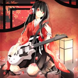 Rule 34 | 1girl, bad id, bad pixiv id, black hair, colored eyelashes, flower, guitar, instrument, japanese clothes, kimono, kneeling, lamp, leaf, long hair, maple leaf, nail polish, original, petals, prin dog, red background, red eyes, sitting, skirt, solo, wide sleeves, wrist cuffs