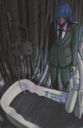 Rule 34 | 1000 (user 1527793), 1girl, asymmetrical bangs, bathtub, black jacket, black necktie, black pants, black suit, blue hair, clenched hands, closed mouth, collared shirt, commentary, cowboy shot, dress shirt, formal, highres, intravenous drip, jacket, jujutsu kaisen, light blue hair, long hair, looking down, miwa kasumi, necktie, pant suit, pants, science fiction, shade, shirt, signature, solo, spoilers, standing, straight hair, suit, tube, white shirt, wing collar