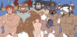 Rule 34 | 6+boys, ^ ^, abs, agielba, bald, bandages, bara, bathing, beard, blush, bubble, chest hair, closed eyes, completely nude, convenient censoring, covering privates, covering crotch, dark-skinned male, dark skin, draph, facial hair, fake horns, ghandagoza, goatee, gran (granblue fantasy), granblue fantasy, hand on own hip, helmet, highres, horned headwear, horns, large pectorals, long sideburns, male focus, male harem, male pubic hair, mature male, mugen (granblue fantasy), multiple boys, muscular, muscular male, navel, navel hair, nipples, nude, old, old man, open mouth, pectorals, pubic hair, red hair, reinhardtzar, shirako (kirupi), short hair, sideburns, size difference, smile, stomach, stubble, thighs, vaseraga, veins, very dark skin, washing