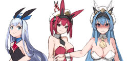 Rule 34 | 3girls, anchor (nikke), animal, animal ears, ascot, bare shoulders, bird, black ascot, black hair, black leotard, blue eyes, blue hair, blue ribbon, blush, breasts, cleavage, clenched teeth, closed mouth, detached collar, detached sleeves, fake animal ears, goddess of victory: nikke, grey hair, hair ribbon, hat, helm (nikke), large breasts, leotard, light blush, long hair, mast (nikke), military hat, morgan (nikke), multicolored hair, multiple girls, parrot, peaked cap, playboy bunny, purple eyes, rabbit ears, red ascot, red hair, red leotard, ribbon, short twintails, simple background, small breasts, smile, strapless, strapless leotard, streaked hair, teeth, tenbin gashira, twintails, white background, white leotard, yellow ascot
