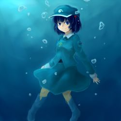 Rule 34 | 1girl, bad id, bad pixiv id, blue eyes, blue hair, boots, bubble, dress, hair bobbles, hair ornament, hat, kanfuru, kawashiro nitori, key, light rays, long sleeves, looking at viewer, matching hair/eyes, rubber boots, see-through, shirt, short hair, short twintails, skirt, skirt set, smile, solo, sunbeam, sunlight, touhou, transparent, twintails, two side up, underwater, wet, wet clothes