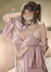 Rule 34 | 1girl, absurdres, arm behind head, blush, breasts, brown hair, camisole, cleavage, closed eyes, collarbone, fingernails, heart, highres, indoors, large breasts, mole, mole on neck, mole under eye, nail polish, original, pink camisole, pink shirt, ponytail, pupi (rain prophet), shirt, sidelocks, smile, solo