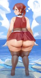 Rule 34 | 1girl, absurdres, ass, bambooale, blush, from behind, highres, hololive, houshou marine, huge ass, looking at viewer, looking back, ocean, plump, red hair, skirt, sky, smile, solo, thick thighs, thighhighs, thighs, twintails, virtual youtuber, water, wet, when you see it, wide hips, yellow eyes