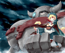 Rule 34 | 1girl, apron, asgard (wild arms), bag, blonde hair, blue hat, cape, crossed arms, dress, frills, gloves, goggles, hat, long hair, marivel armitage, mecha, red eyes, robot, sakaki (noi-gren), smile, solo, wild arms, wild arms 2