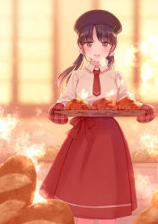 Rule 34 | 1girl, :d, baguette, bakery, blush, bread, brown eyes, brown hair, croissant, food, hair bobbles, hair ornament, hat, highres, holding, holding tray, indoors, long sleeves, looking at viewer, low twintails, nagidango, open mouth, original, oven mitts, parted bangs, red neckwear, red skirt, shirt, shop, skirt, smile, solo, standing, steam, tray, twintails, white shirt
