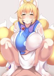 Rule 34 | 1boy, 1girl, animal ear fluff, blonde hair, breasts, clothed sex, covered erect nipples, hetero, huge breasts, inverted nipples, looking at viewer, multiple tails, pov, pov crotch, sex, smile, squatting cowgirl position, tail, touhou, wildcat (kusonemi), yakumo ran, yellow eyes