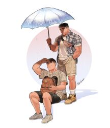 Rule 34 | 2boys, bag, bara, black eyes, black hair, black shorts, blue umbrella, bracelet, brown bag, brown footwear, brown shorts, closed eyes, eye contact, fanny pack, full body, hand in pocket, holding, holding bag, holding umbrella, jewelry, looking at another, male focus, mature male, multiple boys, muscular, muscular male, open clothes, open shirt, original, plaid, plaid shirt, rain, shadow, shirt, shoes, short hair, shorts, sitting, smile, sneakers, socks, tenji (tenji 89), umbrella, wet, white background, white footwear, white shirt, white socks