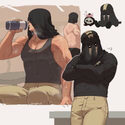 Rule 34 | 2boys, artist name, back, bara, black gloves, black shirt, black tank top, bottle, bozo-chan, brown pants, call of duty, call of duty: modern warfare 2, chibi, covered face, crossed arms, drinking, ghost (modern warfare 2), gloves, holding, holding bottle, konig (modern warfare 2), large pectorals, male focus, mask, multiple boys, muscular, muscular male, pants, pectorals, scar, scar on arm, shirt, sitting, sweat, sweatdrop, tank top, thighs, topless male