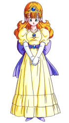 Rule 34 | 1girl, dragon quest, dress, elbow gloves, female focus, full body, gloves, green eyes, jewelry, long hair, looking at viewer, orange hair, own hands together, pendant, princess laura, puffy sleeves, simple background, solo, tiara, toriyama akira, v arms, white background, white gloves